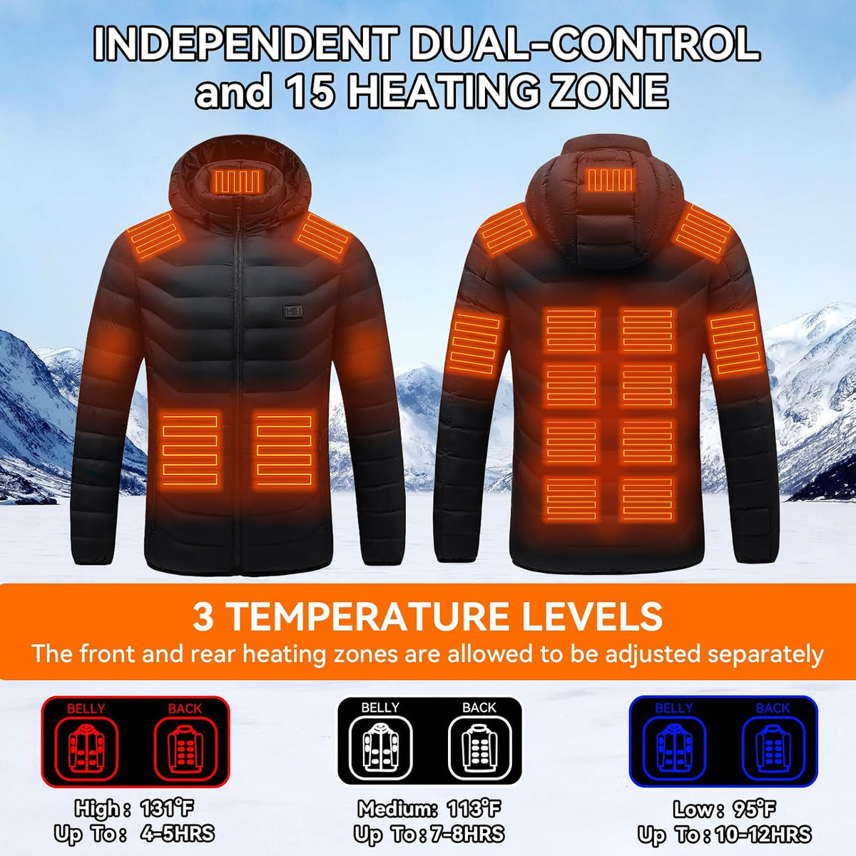 Heated Jackets for Women & Men with Battery, 15 Heating Zones, Dual Control Heating Coat for Winter Outdoor