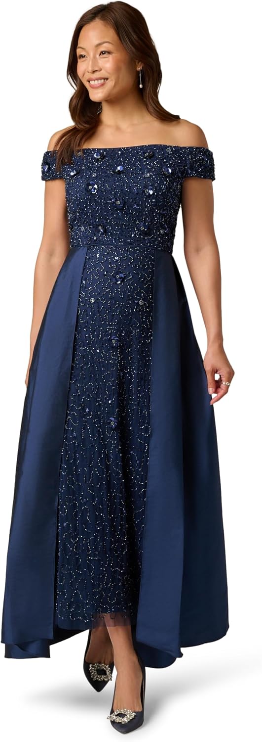 Adrianna Papell Bead Taffeta Overlay Dress, Light Navy