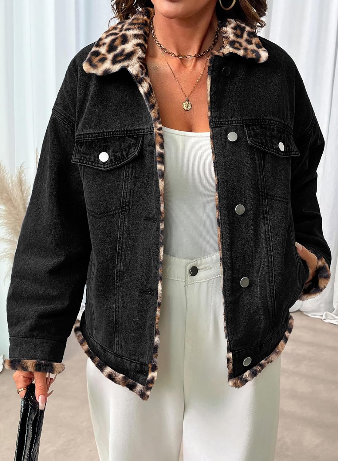 Dokotoo Womens Leopard Sherpa Fleece Reversible Oversized Jean Jacket