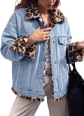 Dokotoo Womens Leopard Sherpa Fleece Reversible Oversized Jean Jacket