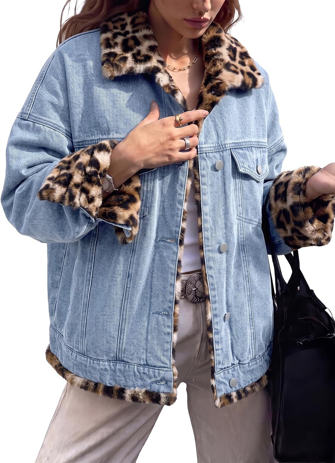 Dokotoo Womens Leopard Sherpa Fleece Reversible Oversized Jean Jacket