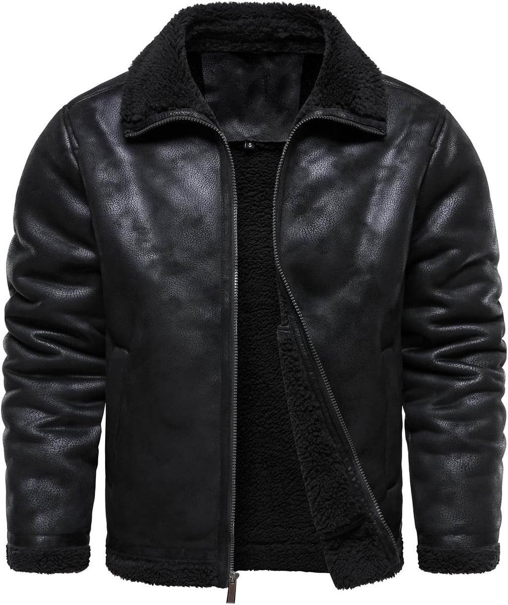 HOOD CREW Men’s Vintage Faux Shearling Leather Bomber Jackets