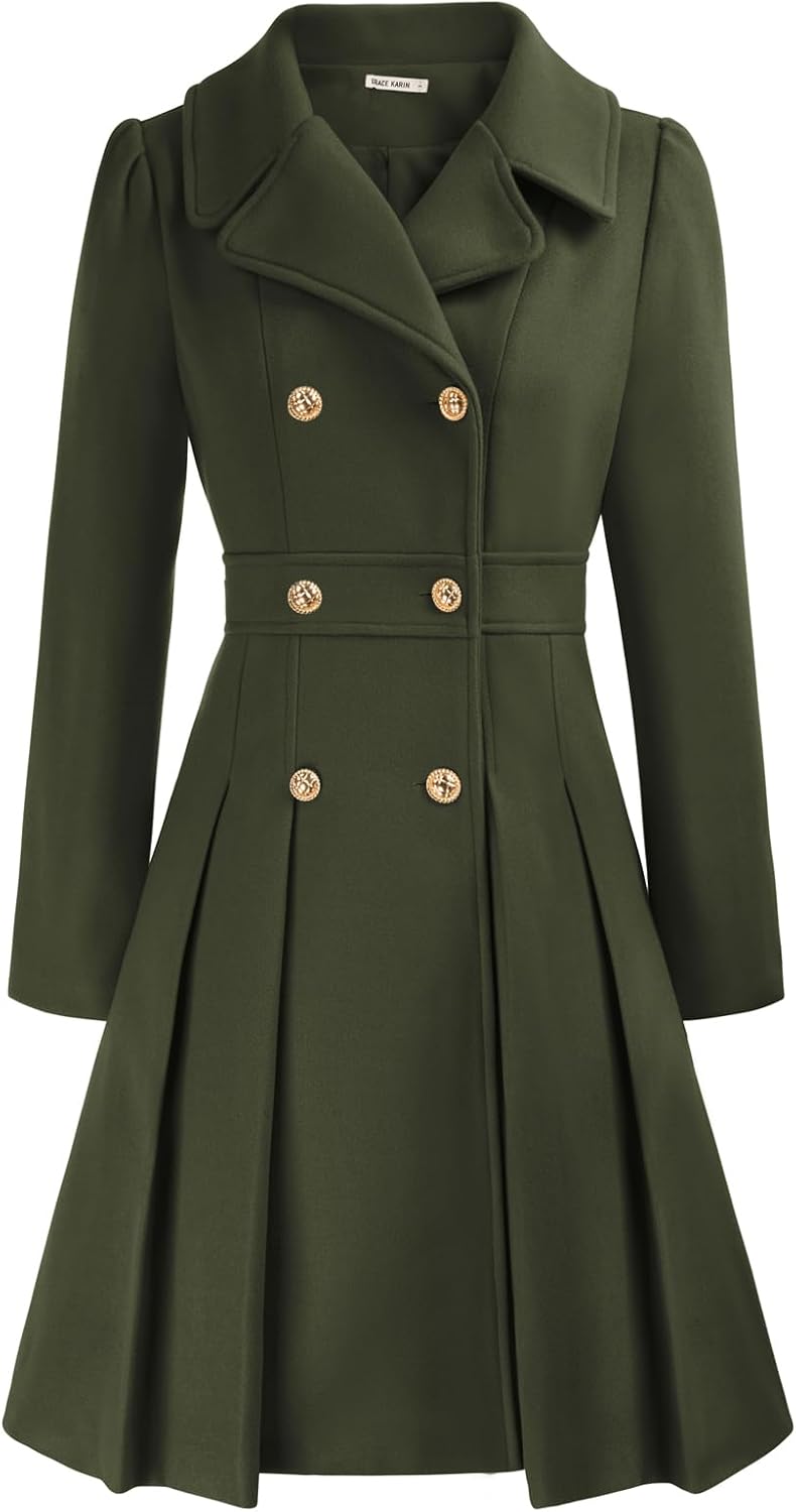 GRACE KARIN 2026 Women's Fashion Trench Coat Notch Lapel Double Breasted Thick A Line Pea Coats Jacket with Pockets(S-2XL)