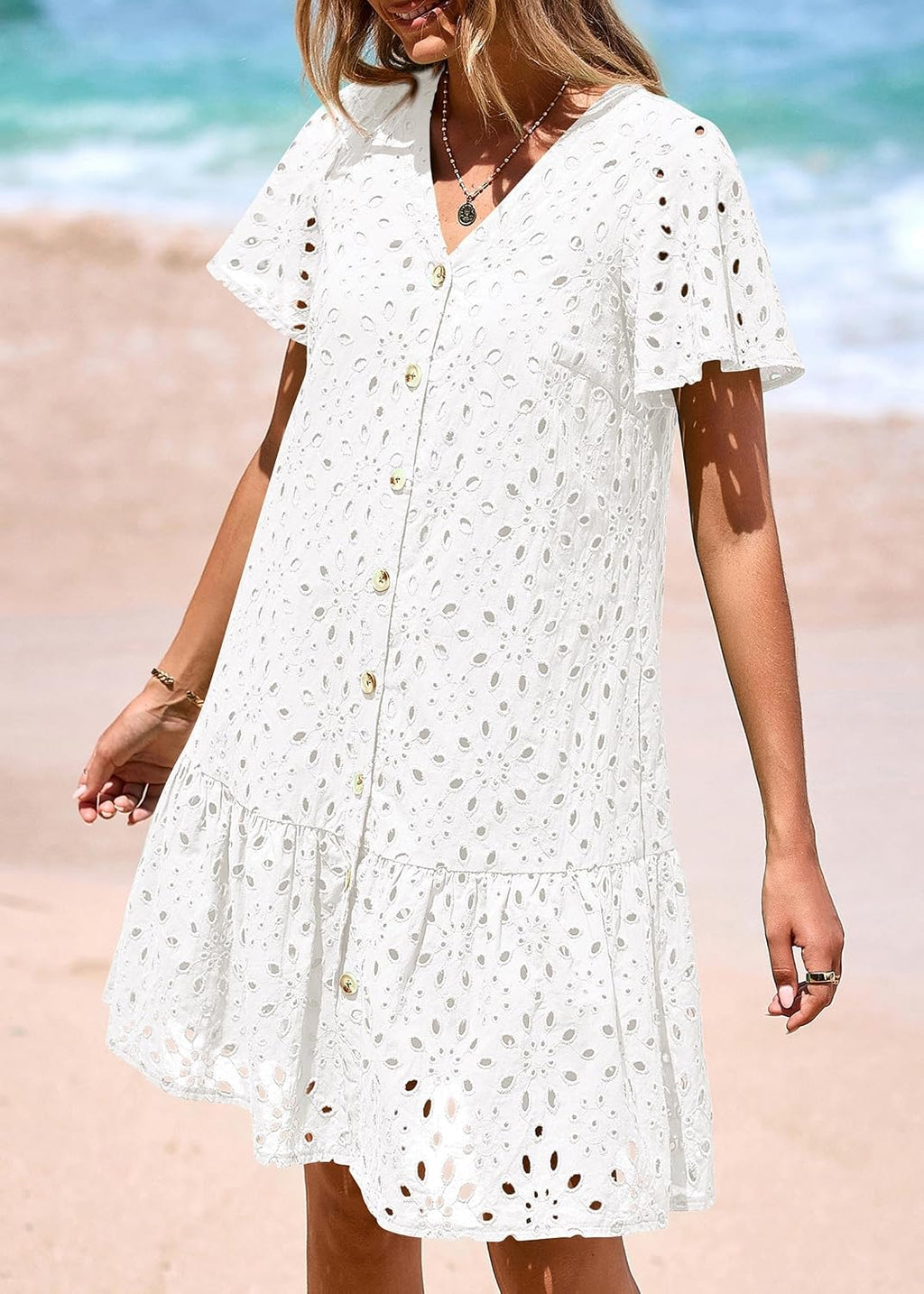 Eyelet Dresses for Women Button Down Mini Babydoll