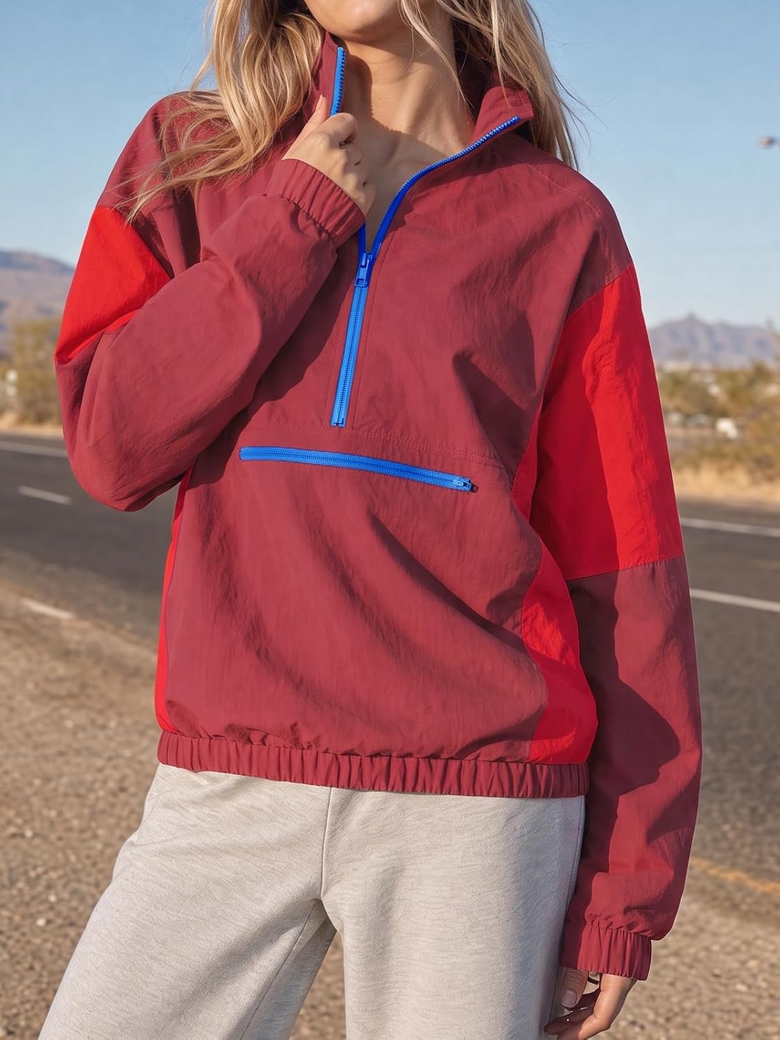 Fisoew Womens Windbreaker Jackets Quarter Zip Lightweight Fall Pullover Top