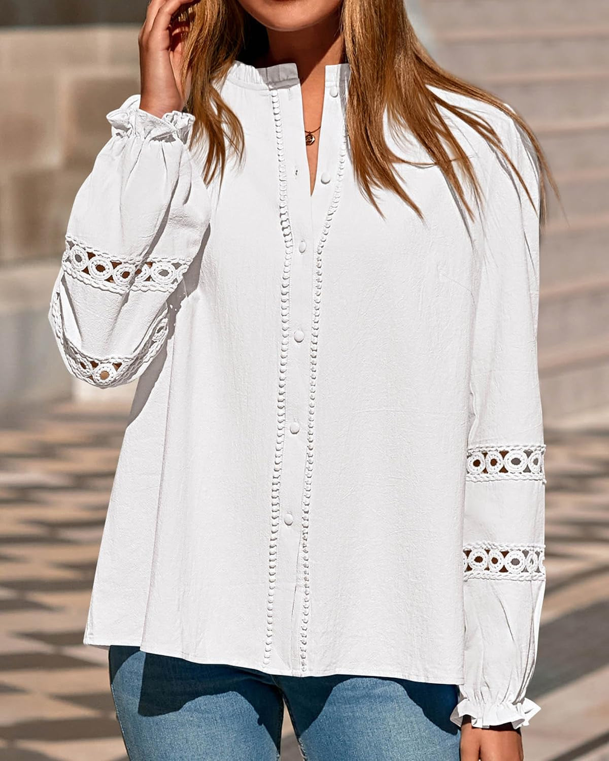 Eyelet Boho Long Sleeve Button Up Shirts for Women