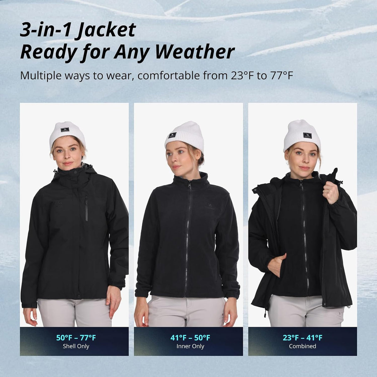 CAMEL CROWN Women's 3-in-1 Waterproof Ski Jacket Windproof Winter Coat Fleece Inner Snow Snowboarding Jacket Outdoor