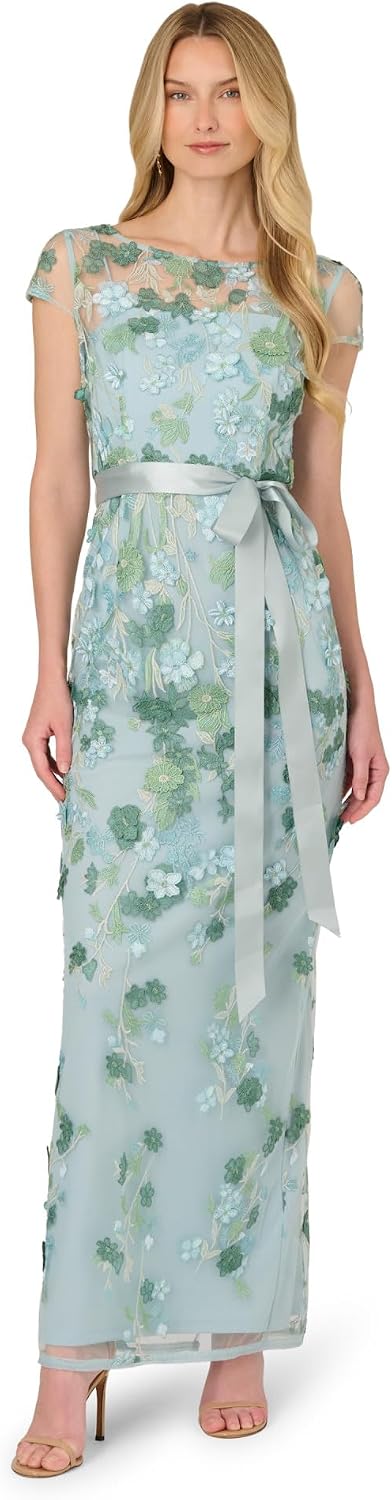 Adrianna Papell Short Sleeve Embroidery Gown